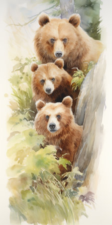 Three brown bears sitting on a rock in the forest. Watercolor paintingの素材