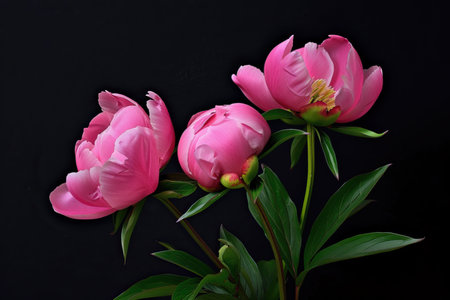 Beautiful pink peony flowers on black background, top view.の素材