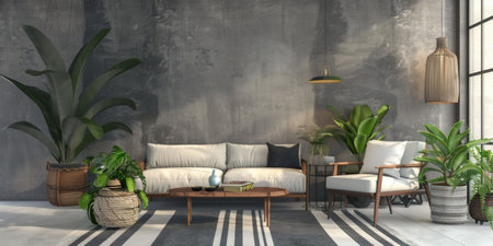 Interior of modern living room with sofa, coffee table and plants - 3D Renderingの素材