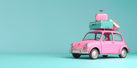 Pink retro car with suitcases on the roof. 3d renderingの素材