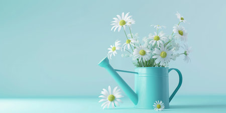 Bouquet of daisies in watering can on blue backgroundの素材
