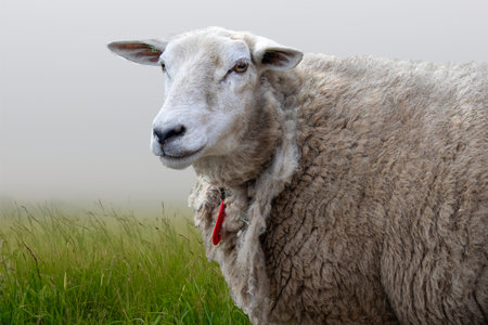 Single sheep at the farm in springtimeの写真素材