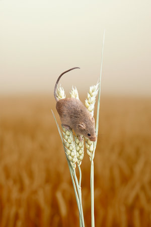 Harvest Mouse Climbing On An Ear Of Wheatの写真素材