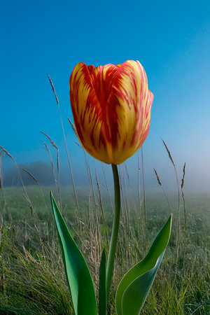 Red-yellow tulip in the springtime gardenの写真素材