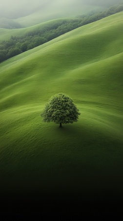 Grassy landscape with a stunning lone oak treeの素材