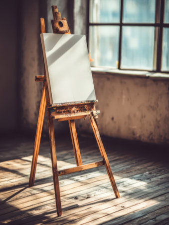 A cozy and stylish art studio, featuring a wooden easel holding a canvas.の素材