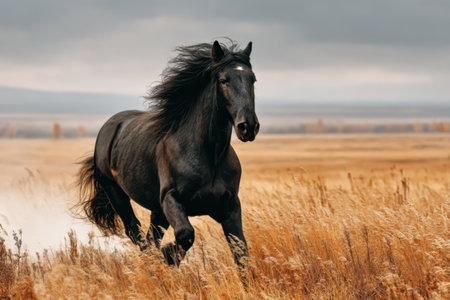 A majestic black horse running through a golden meadow at sunsetの素材