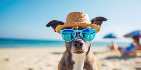A dog wearing a hat and sunglasses on the beach. Summer vacation with petsの素材