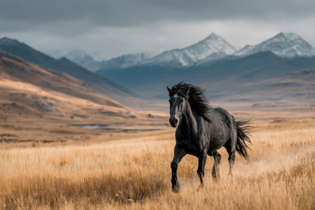 A majestic black horse running through a golden meadow at sunsetの素材