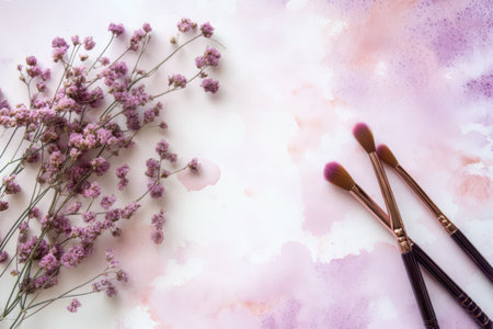 Creative and artistic flat lay background with alcohol ink, watercolor and brushesの素材