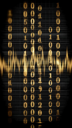 A pure black background with golden binary code and waveform, representing concepts in data science or artificial intelligence technology.の素材