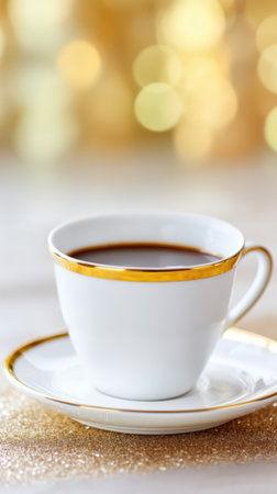 Elegant cup of coffee, luxury background, golden lightの素材