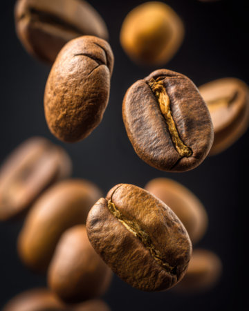 Close-up of fresh Golden roasted coffee beans flying in the airの素材