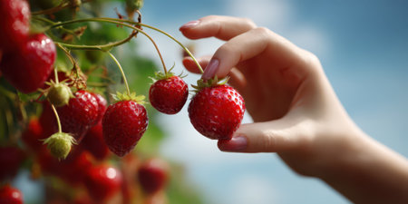 Close-up of a woman's hand picking strawberries from a branch.の素材