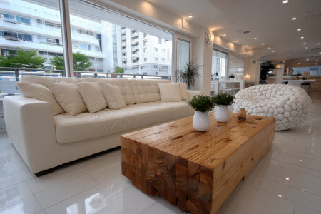 A sleek and modern living room with an all-white color scheme, featuring a large sofa in soft cream tones, accented by two small white vases holding plants on the side of it.の素材