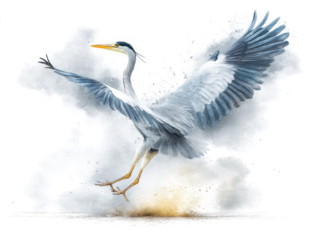 Portrait of a heron in the moment of take-off. Its wings are stretchedの素材