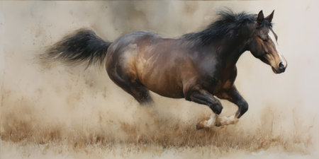 Beautiful bay stallion galloping in the field. Side viewの素材