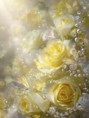 Bouquet of yellow roses with pearls on bokeh backgroundの素材