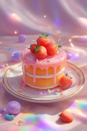 Strawberry cake with icing on a pink background. 3d renderingの素材