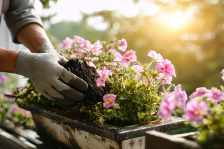 A man wearing gardening gloves is planting flowers in an outdoor flower box, with sunlight filtering through the trees behind them and pink geraniums bloomingの素材