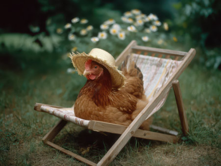 chicken with straw hat sitting in a wooden chair in the gardenの素材