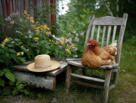 chicken and hat on a wooden chair in the garden in summerの素材