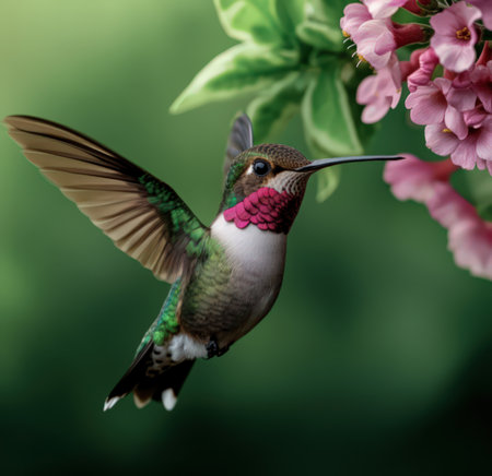 Colorful hummingbird flying near a flower petalの素材