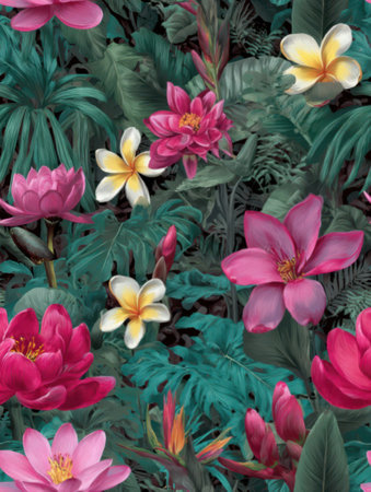 Seamless pattern with watercolor tropical flowers. Hand drawn illustration.の素材