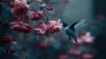 Hummingbird in flight with pink flowers in the background. Toned.の素材
