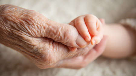 Close-up of the hands of an old woman holding a newborn babyの素材