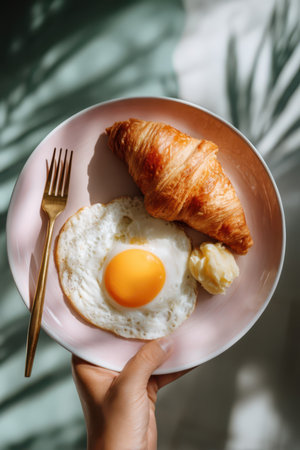 croissant and fried egg on pink plate in woman's handの素材