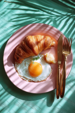 Breakfast with croissant and egg on pink plate, top viewの素材
