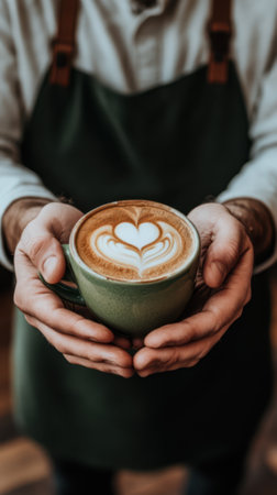 A green ceramic latte cup held with two hands at chest level by a waiter in a clean white shirt and dark green apronの素材
