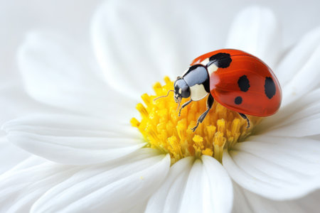 ladybug on white daisy flower macro close up nature backgroundの素材