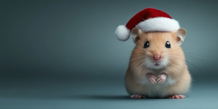 A cute hamster wearing a tiny Santa hat, sitting adorably against a neutral blue backgroundの素材
