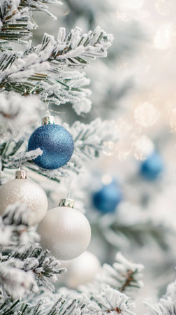 Twigs of a christmas tree with some white and blue spheres in a snowy landscapeの素材