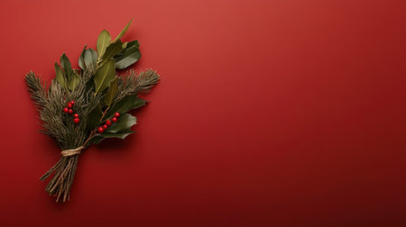 Red Christmas background with Holly berries and fir twigsの素材