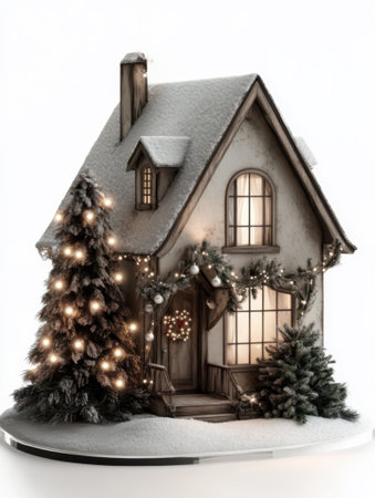 A beautiful Christmas house decorated with lights and ornaments against a white backgroundの素材