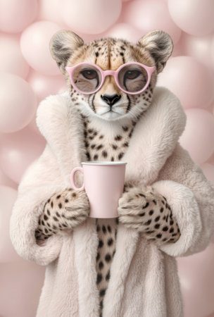 A cute, happy cheetah wearing pink sunglasses and a soft fur coat, holding a coffee cup with its paws, against a pastel-colored backgroundの素材