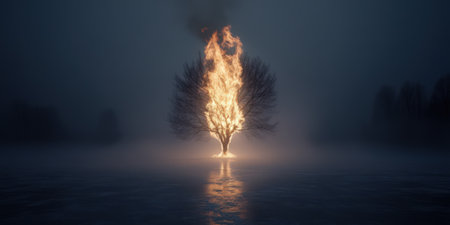 A massive leafless tree completely engulfed in tall pale yellow and white flames, flames rising high into the foggy sky, standing alone in a winter landscapeの素材