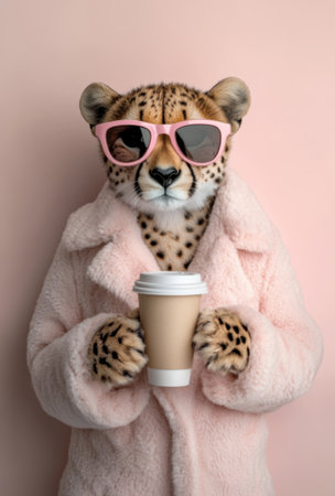 A cute, happy cheetah wearing pink sunglasses and a soft fur coat, holding a coffee cup with its paws, against a pastel-colored backgroundの素材