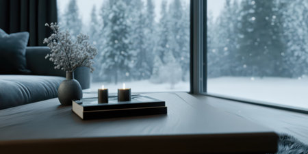 Apartment with modern elegant interior. Living room design. Snow outside the windowの素材