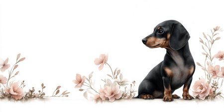 Dachshund dog with flowers isolated on a white background.の素材