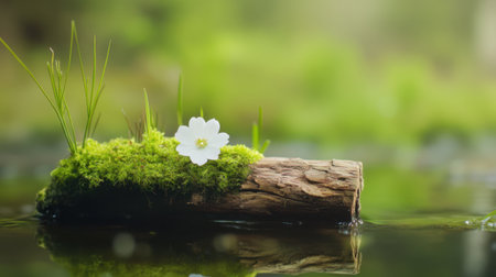 Light green background, moss and wooden branch with a white flower on it, surrounded by small grassesの素材