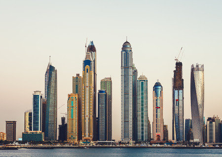 View of Dubai Marina at sunset. Scenic travel background.の写真素材