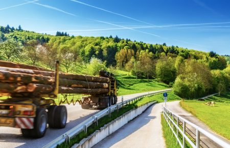 Summer country road and a log truck transporting timber. Scenic forestry background.の写真素材