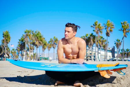 Venice beach surfing, winter, sunny day, positive mood, big smileの写真素材