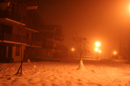 winter mist in the night townの写真素材
