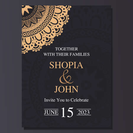 Luxury and elegant wedding invitation card with mandala ornament. Dark and golden color background.のイラスト素材