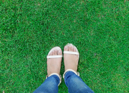 Foot wear cream color shoes over green grass
